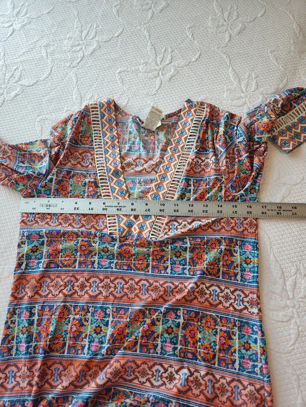 La Blanca Floral Mosaic V‑Neck Tunic in Coral, Turquoise & Navy